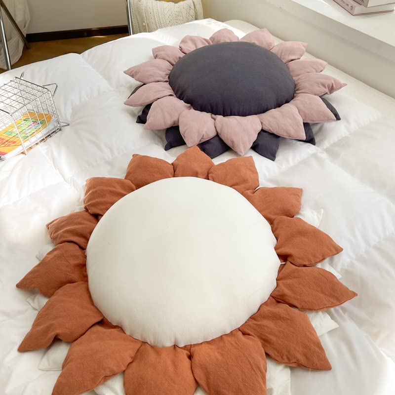 27.5" 3D handmade stitching sunflower shaped pillow flat round flower floor pillow pure cotton patio furniture cushion bedroom sofa bed decoration (White Orange) - color: White Orange