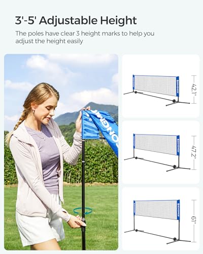 SONGMICS Badminton Net, Height Adjustable Volleyball Net, Pickleball Net for Junior Tennis, Kids, Indoor Outdoor Court, Foldable Nylon Net with Poles 10ft/13ft/16.5ft Wide - color: Blue, size: 10FT