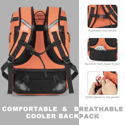 BAGPARKK Insulated Cooler Backpack,33/45 Cans Multifunctional Double Deck Leakproof Cooler Bag with Sternum Strap,Large Capacity Lightweight Travel Camping Beach Backpack - color: Orange, size: 33Can