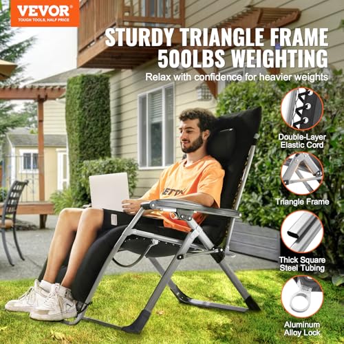 VEVOR Zero Gravity Chair, 33 inch Zero Gravity Recliner Lounge Chair for Indoor and Outdoor, Adjustable Anti Gravity Chair with Cushion, Headrest, Footrest, and Cupholder, 500 lbs, Black - color: Black, size: 33 Inch