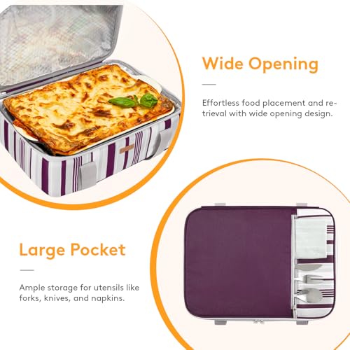 LUNCIA Insulated Single Decker Casserole Carrier, Lasagna Lugger Tote Keeps Food Hot or Cold, Thermal Lunch Bag for Potluck Parties, Picnic and Cookouts, Fits 9" x 13" Baking Dish, Purple - color: Purple, size: 15.7 x 11.4 x 4.7inch
