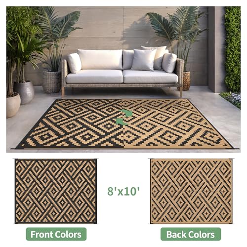 sarben Outdoor Rug for Patio - Waterproof Plastic Straw Camping Rugs 8x10 ft, Reversible Outdoor Indoor RV Mat Carpet for Patio, Porch, Deck, Balcony, Picnic, Beach, Black Brown - color: Black&brown, size: 8' x 10' (Rectangular)