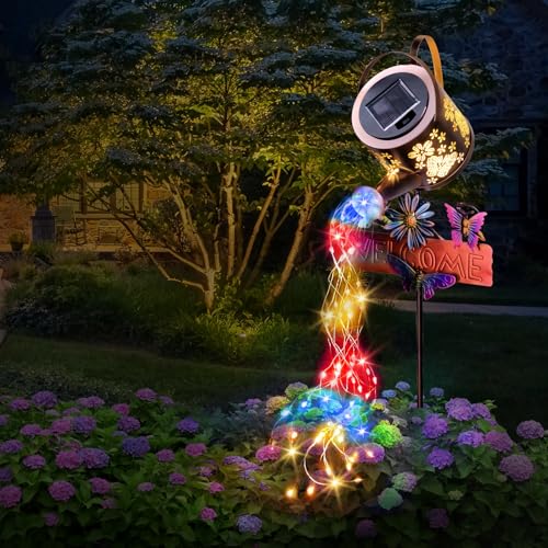 Solar Watering Can Light, Solar Lights Outdoor Decor, Garden Decor Lights for Yard, IP65 Waterproof Hanging Lantern Lights, Gifts for Women Mom, for Yard Patio Lawn Pathway Landscape (Multicolour) - color: multicolour-welcome