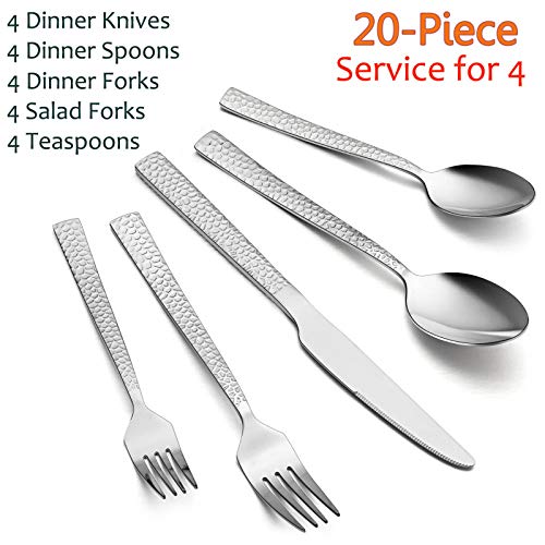 E-far 20-Piece Hammered Silverware Set, Stainless Steel Square Flatware Set Service for 4, Tableware Cutlery Set Includes Forks Spoons Knives, Modern Design & Mirror Finish - Dishwasher Safe - size: 20-Piece for 4