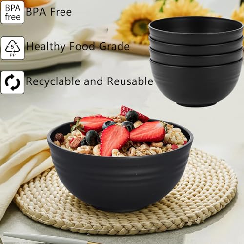 Unbreakable Wheat Straw Cereal Bowls Set of 4, 24 OZ Microwave and Dishwasher Safe Lightweight Soup and Salad Bowl Sets, Reusable Dessert Bowls for Rice, Pasta, Snack, Fruit, BPA Free (Black) - color: Black