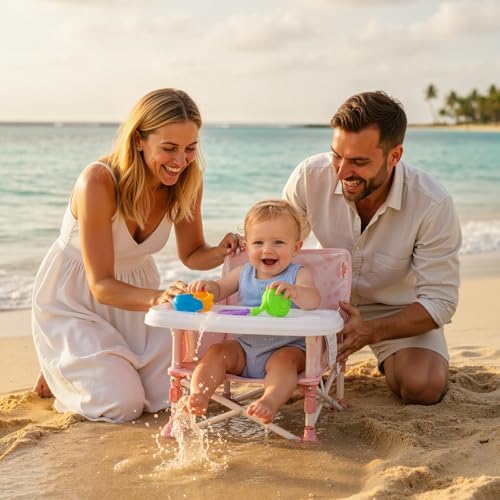 Tiny Marvels 3-in-1 Portable Baby Chair, Foldable Booster Seat with Removable Tray, Safety Harness & Carry Bag for Dining, Travel, Camping, Beach, 6M-3Y (Blush Bloom) - color: Blush Bloom