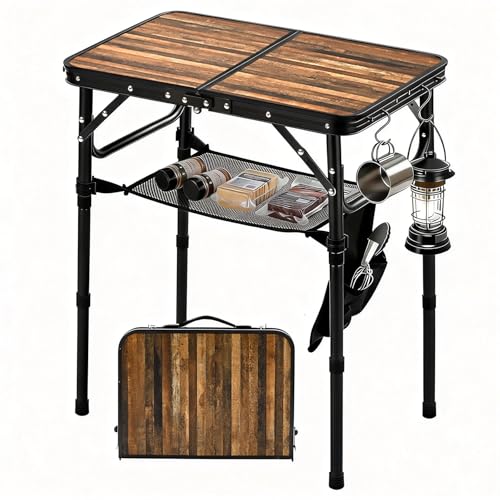 Folding Picnic Table 2ft Portable Camping Table with Extra Cloth Pouch Adjustable Heights Lightweight Aluminum Small Outdoor Card Table for Outside Indoor Camp Cooking BBQ - color: Wood Grain Pro