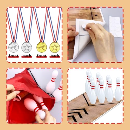 Mini Bowling Set Indoor Outdoor Indoor Bowling Set with Guide Arrow Mat Gold and Silver Medal Backpack Dispensing - color: White