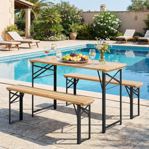 Giantex 3-Piece Folding Picnic Table with Benches Set, Solid Wood Camping Beer Table Bench Set with Metal Frame, Portable Patio Dining Furniture, Indoor & Outdoor Folding Table and Chairs for 4 (47'') - size: 47''