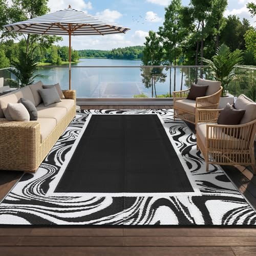 Garvee Black and White Outdoor Rug 5x8 for Camping Waterproof Quick Dry Plastic Straw Carpet Reversible Lightweight Patio Rug Easy to Clean for RV, Deck, Balcony, Backyard, Picnic, Beach, Black White - color: Black White, size: 5' x 8' (Rectangular)