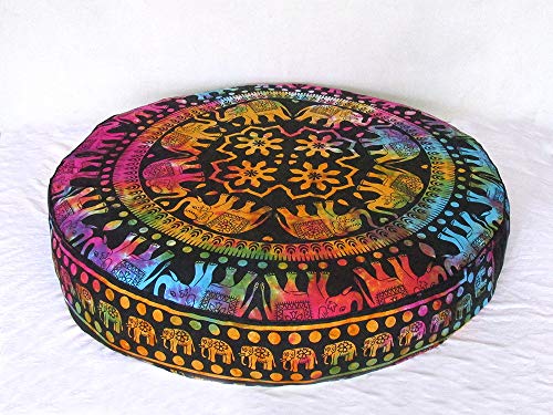 ICC Large Hippie Mandala Round Floor Pillow Cover Ottoman Pouf Cover Daybed Oversized Cotton Cushion Cover with Heavy Duty Zipper Seating Ottoman Poufs Dog-Pets Bed (Multi UP Elephant, 35" Round) - color: Multi Up Elephant, size: 35" x 35" (Pack of 1)