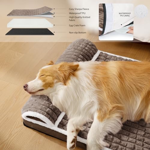 Orthopedic Dog Bed Medium Size Dog with Pillow 30''X20'', Waterproof Soft Comfortable Egg Crate Foam Pet Crate Beds Mat with Removable Washable Cover and Non-Slip Bottom, Taupe - color: Taupe, size: 30"l X 20"w X 3.5"th