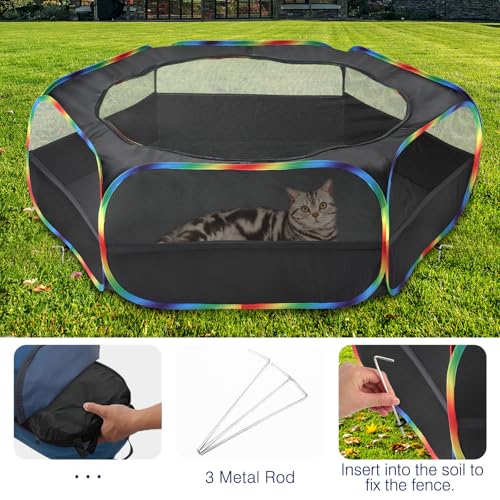 Pawaboo Small Animals Playpen, Waterproof Small Pet Cage Tent with Zippered Cover, Portable Outdoor Yard Fence with 3 Metal Rod for Chick/Kitten/Puppy/Guinea Pig/Rabbits/Hamster, Black + Rainbow - color: N-Black + Rainbow
