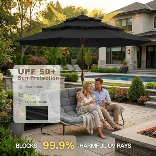 Kingdura 10ft 3-Tier Patio Umbrella, Outdoor Table Umbrella with Easy Crank & Tilt, 8 Reinforced Ribs, UV Protection for Deck, Pool, Market, Backyard (Black) - color: Black, size: 10 FT