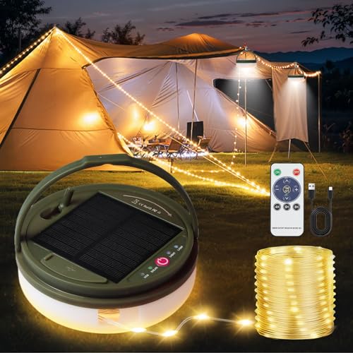 Solar Camping String Lights, 39.4FT Portable Waterproof Camping Light with 8 Lighting Modes, Solar Powered and USB Rechargeable Tent Lantern with Remote Control for Camping, Yard, Garden and Hiking - size: 1 Pack
