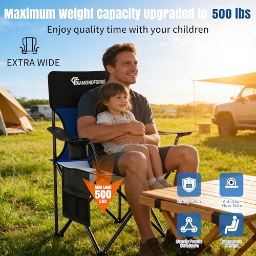 Oversized Camping Chairs, 500 LBS Capacity Folding Chair, High Back Camping Chair for Adult, Portable Outdoor Camping Chair with Wide Cup Holder and Side Pocket for Hiking Fishing Sports(Black Blue) - color: 500lbs Black Blue, size: Oversized