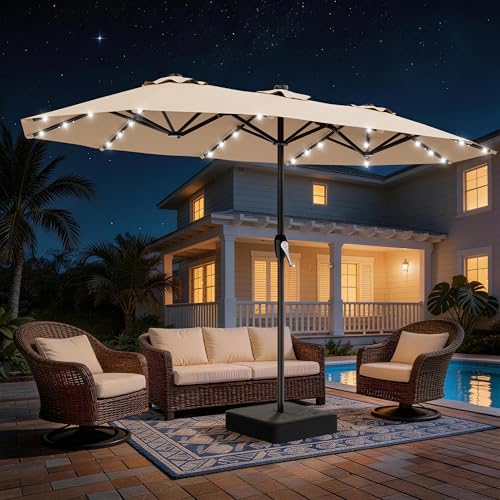 AreShark 15FT Patio Umbrella with Solar Lights, Double Sided Outdoor Table Umbrellas with Crank, Large Rectangular Market Umbrella for Porch, Lawn, Pool, Backyard, Beige - color: Beige, size: 9x15 Ft