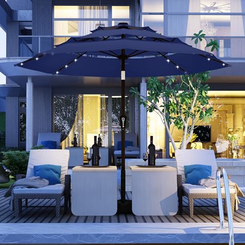Kingdura 9ft 3-Tier Patio Umbrella with Solar Lights, Table Umbrella Outdoor Patio with Easy Crank & Tilt, 8 Sturdy Ribs, UV Protection, 32 LED Lights for Deck, Poolside, Market (Navy blue) - color: Blue-LED, size: 9 FT