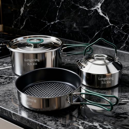 Stainless Steel Camping Cookware, durable, easy to clean, and quick to heat up. Durable camping pots and pans, perfect for family picnics, camping, backpacking, hiking.