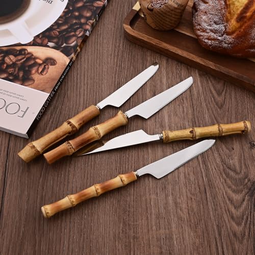 Dinner Knife Set with Bamboo Handle, 8-Piece Stainless Steel Shiny Silver Dinner Knives, Creative Design Table Knives for Home Restaurant, 8.74 inch, Handcrafted - color: 8-Piece Dinner Knife