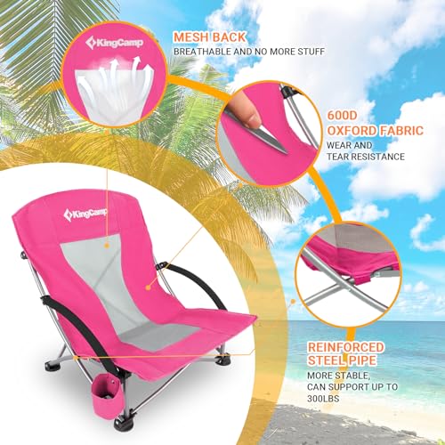 KingCamp Low Beach Chair Folding Portable Lightweight Backpack Chair for Adults with Cup Holder Pocket Carry Bag for Outdoor Camping Concert Festival Travel Sports Lawn Sand, Rose - color: Darkrose-low Back
