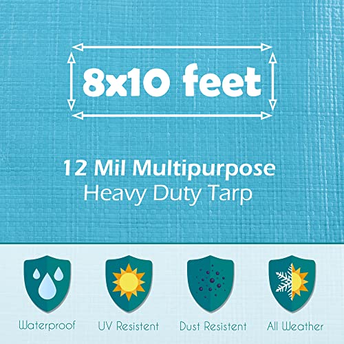 Tarps Heavy Duty Waterproof 8x10-12 mil Thick Camping Tent - Blue Tarp 8x10 UV Resistant, Rip & Tear Proof with Metal Grommets – Multipurpose Use for Camping, Tent, Boat, RV, Car, & Pool Cover - size: 8'x10'