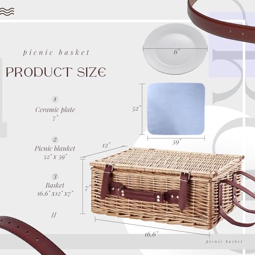 Picnic Baskets Wicker Willow Picnic Set for 4 Persons with Insulated Cooler Bag and Waterproof Blue Picnic Blanket Gift for Christmas Thanksgiving Wedding Birthday Camp Outdoor Beach Travel - color: Light Blue