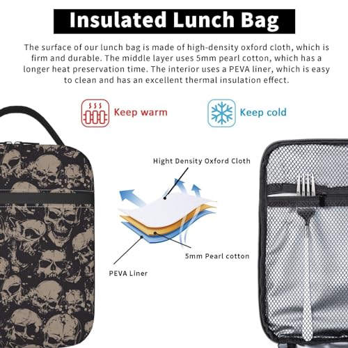 Human Skull Skeleton Funny Halloween Insulated Lunch Bag Portable Reusable Zipper Lunch Box For Men Women Work Picnic Travel Camping - color: Black14