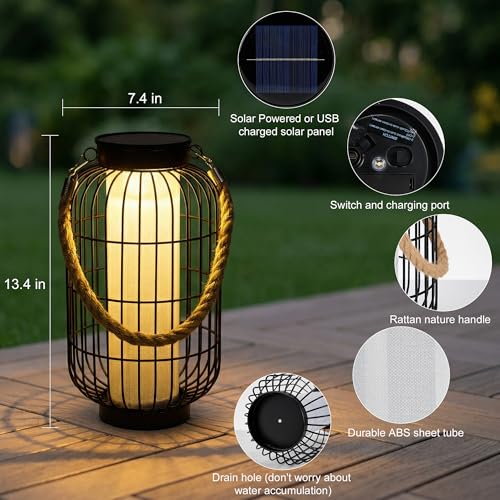 Larger Solar Lanterns Outdoor - Solar Lantern Rustic Dual Charging (USB/Solar) IP44 Waterproof Metal Decorative Hanging/Table Light for Yard Patio Garden Front Porch or Indoor Gifts for Women