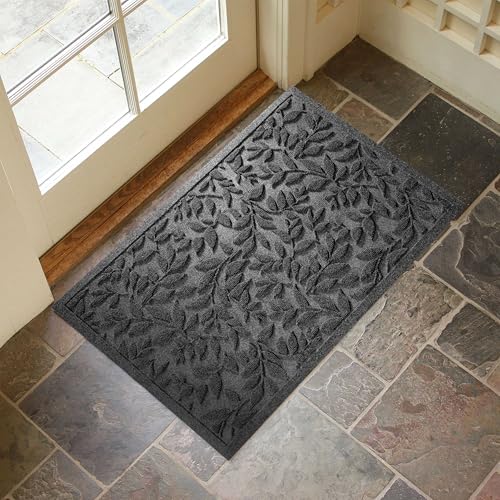 Grey Leaves Outdoor Indoor Entrance Doormats, Absorbent Durable Heavy Duty Welcome Front Door Mat,Thick Natural Rubber Back,Easy Clean Entryway Mat 23x35 Inch, Low Profile - color: Leaves-grey, size: 1'11" x 2'11" (Rectangular)