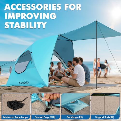 Elegear CumbreX™ Beach Tent with Canopy 4-6 Person, 1-Second Umbrella-Style Setup Pop Up Sun Shelter Shade, UPF 50+ UV Protection Four-Layer Silver-Coated Lightweight Portable Beach Cabana - Aqua Blue - color: Aqua Blue