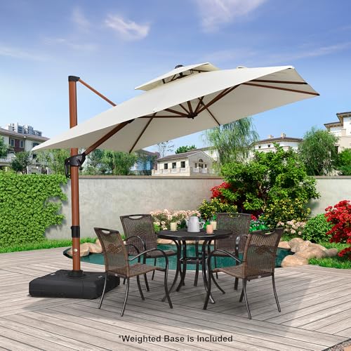 PURPLE LEAF Patio Umbrella with Base Outdoor Square Umbrellas Large Cantilever Umbrella Windproof Offset Heavy Duty Sun Umbrellas for Garden Deck Pool Patio, 9ft Cream - color: Cream, size: 9'X9', style: Base Included