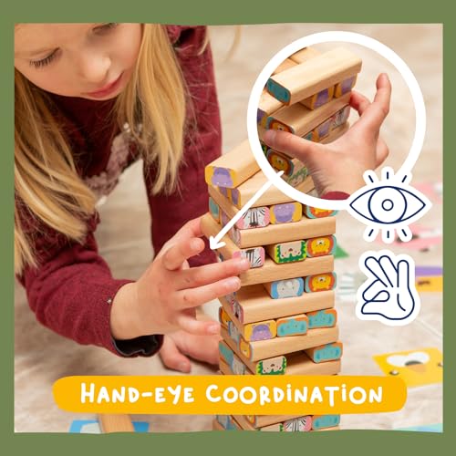 Nene Toys Wooden Block Stacking Game – 4-in-1 Tumble Tower Family Board Game with Building Blocks, Cards and Dice – African Safari Educational Wooden Toy for Kids 3-9 Years Old About Animals - style: Safari