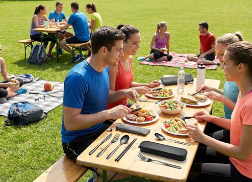 Portable Camping Utensil Set - 18/8 Stainless Steel Travel Silverware with Compact Case - Reusable Knife Fork Spoon Chopsticks Kit for Hiking, Picnic, Backpacking & Outdoor Eating (Black) - color: Black