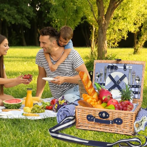 Picnic Basket for 2 with Blanket, Willow Picnic Basket Set with Shoulder Strap&Wine Pouch, Large Willow Hamper with Insulated Cooler for Outdoor, Camping, Beach, Couples, Wedding Gift - color: Blue and White Grid