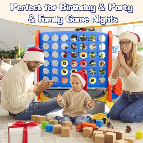 Ancaixin Giant 4 in-A-Row Connect Game Set, Adjustable Height Jumbo Yard Game with Basketball Hoop, Golf, Mesh Pocket & Ring Toss, Indoor Outdoor Family Backyard Party Game for Kids and Adults, Blue - color: Blue