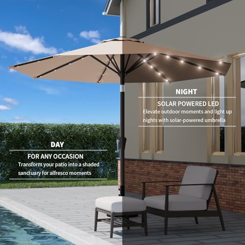 9FT Patio Umbrella with Solar Lights,Outdoor Market Umbrella with Tilt and Crank, LED Lighted Table Umbrella for Garden,Deck,Backyard,Pool,Beach (Beige) - color: Beige