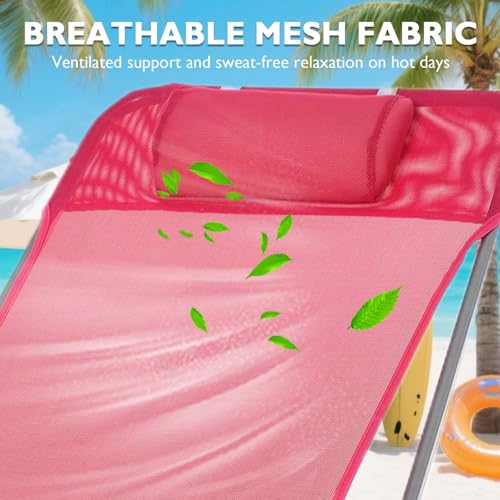 Majnesvon Folding Chaise Lounge Chair, Pool Sun Tanning Chair with Headrest, Outdoor Lounge Chair with Reclining Back, Breathable Mesh Seat, for Beach, Yard, Patio (Pink 2) - color: Pink 2