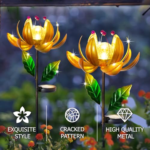 Solar Lights Wind Spinners for Yard and Garden - Metal Lotus Flower Windmills LED Crackle Glass Globe Outdoor Garden Decor Yard Art Lawn Ornament - color: Gold