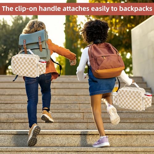 Insulated Lunch Bag for Girls & Boys, Kids & Teens – Cute Checkered Lunch Box with Side Pockets, Buckle Handle for Backpack Hanging, Lightweight Waterproof Lunchbox for School, Teens, Women & Man ﻿ - color: Checkered Beige Brown-Kid