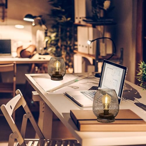 2 Pack Battery Operated Lamp Outdoor Table Lantern,Metal Cage Cordless Lamps with LED Bulb for Weddings Parties Patio Events Indoor Outdoor Patio Bedroom Living Room(Bronze)