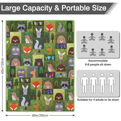 Supfitness Extra Large Picnic Blankets Waterproof Foldable (60"x 80") Boho Beach Blanket Waterproof Sandproof,3-Layer Thicking Mat Outdoor Packable Camping Blanket - color: Green-animal, size: 5' x 6'8" (Rectangular)