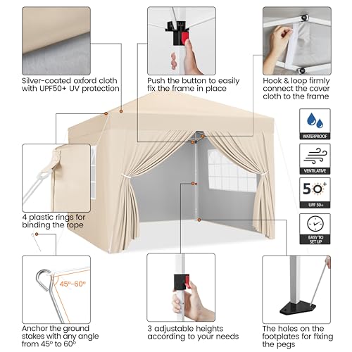 Yaheetech 10x10 Pop Up Canopy with 4 Removable Sidewalls, Portable Enclosed Instant Tent, Waterproof Outdoor Tent, Beach Sun Shelter with 4 Sandbags, 12 Stakes & 4 Ropes, Beige - color: Beige, size: 10x10