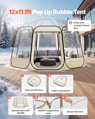 VEVOR Pop up Sports Tent, 8 Sizes Optional Clear Bubble Tent for 1-6 Person, Waterproof Outdoor Pod with Floor Mat & Top Cover, Garden Igloo Dome Tents Camping Shelter for Sports Watching - color: Clear, size: 12'L x 11.1'W x 7.2'H