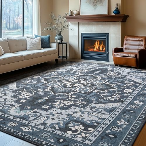 Rugflix 9x12 Area Rugs Machine Washable, Dark Navy Blue Carpet for Living Room, Oriental Indoor Area Rug Low Pile, Large Soft Thick Carpets Non Slip, Farmhouse Vintage Rug for Bedroom Dining Room - color: Blue, size: 9' x 12' (Rectangular)