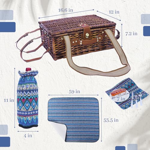 Neti Neti Wicker Picnic Basket for 2 Boho with Insulated Cooler & Waterproof Blanket – Large Willow Picnic Hamper for Outdoor, Camping, Beach, Romantic Dates, Valentine’s Day - color: Boho 2