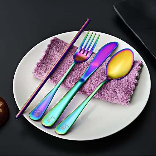 Boulder Bee | Travel Utensils Set | Reusable Camping Cutlery Set | Stainless Steel Flatware Set | Portable Silverware Set with Case | Includes Knife/Fork/Spoon/Straw/Cleaning Cloth/Case (Rainbow) - color: Rainbow