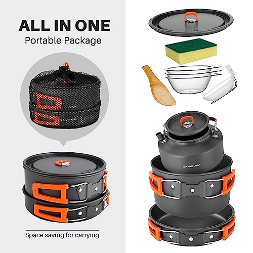 Odoland 10pcs Camping Cookware Camping Pots and Pans Set with Kettle Plastic Bowls and Soup Spoon for Camping, Backpacking, Outdoor Cooking and Picnic - size: 2l Pot + 0.7l Fry Pan + 1.1l Kettle