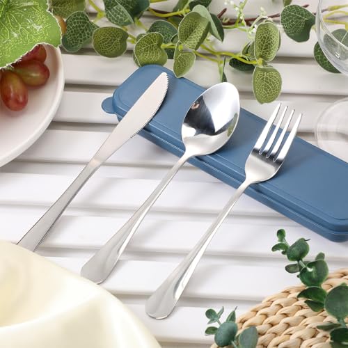 Yinkin 4 Pack Portable Travel Utensils Set with Case Reusable Stainless Steel Silverware Flatware Camping Cutlery Include Fork Spoon Knife for Work School Dishwasher Safe(Blue Color Series) - color: Blue-green Series