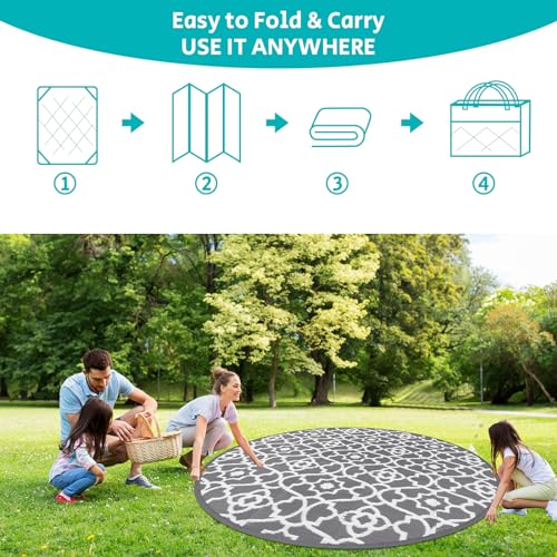 HEBE Outdoor Rug Waterproof 8ft, Plastic Straw Rug Camping Rug, Reversible Outdoor Patio Rugs RV Mat Clearance, Indoor Outside Floor Carpet for Porch,Deck,Camper,Balcony,Backyard - color: Grey, size: 8' (Round)